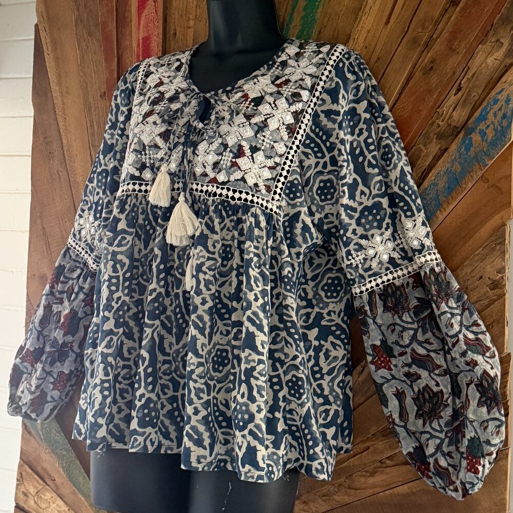 Miss June Paris boho/peasant embroidered balloon sleeves top/blouse Sz M